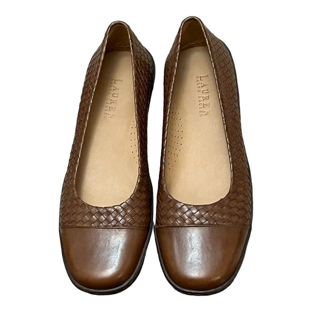 Lauren Ralph Lauren Joellen Flats 7B Brown Woven Leather Round Cap-Toe